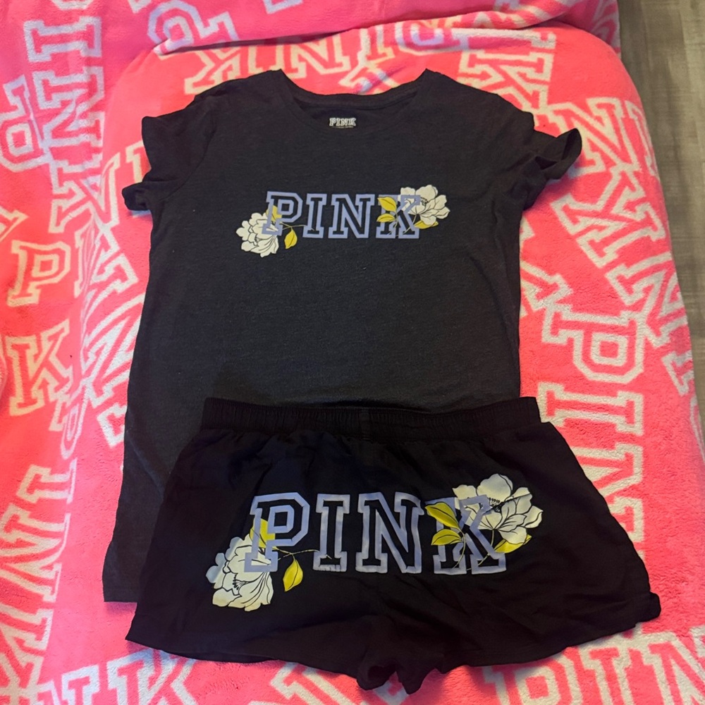 PINK Victoria's Secret Pajama Set - Black with Floral Accents